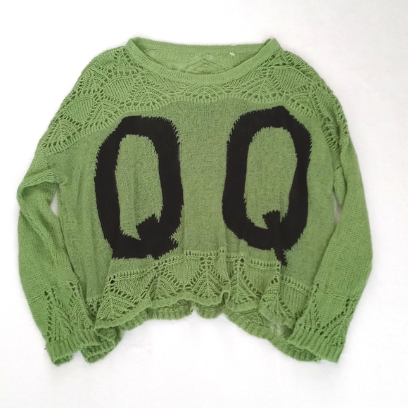 Vintage Sweaters - Super Cute Vintage Lime Green Crochet Style Knit Long Sleeve Sweater L